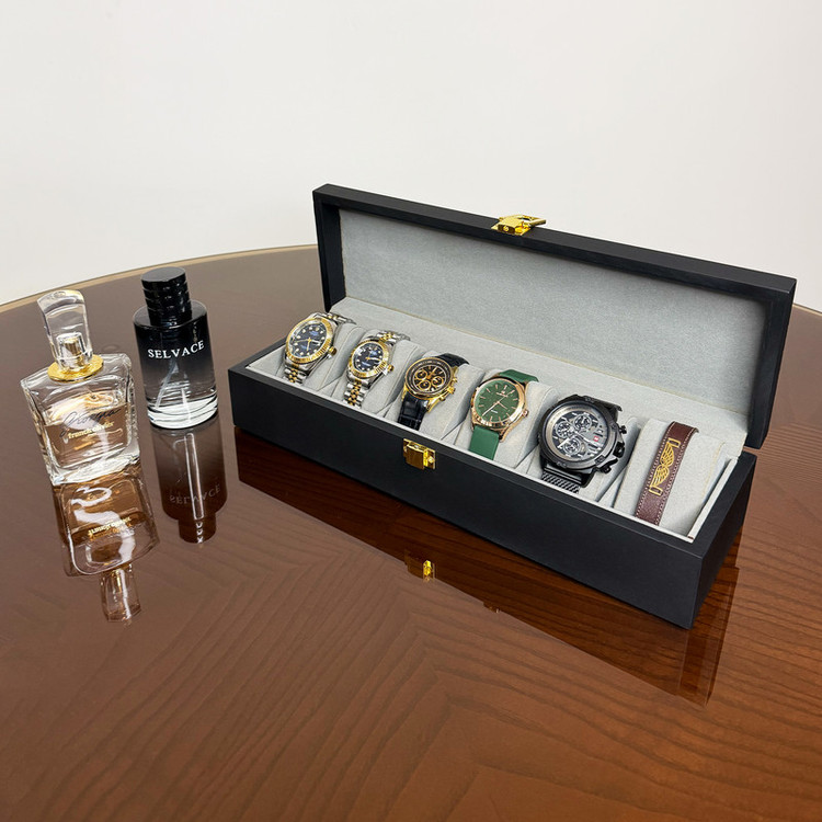 جعبه ساعت چوبی مدل W103 با ۶ محفظه داخلی از جنس جیر