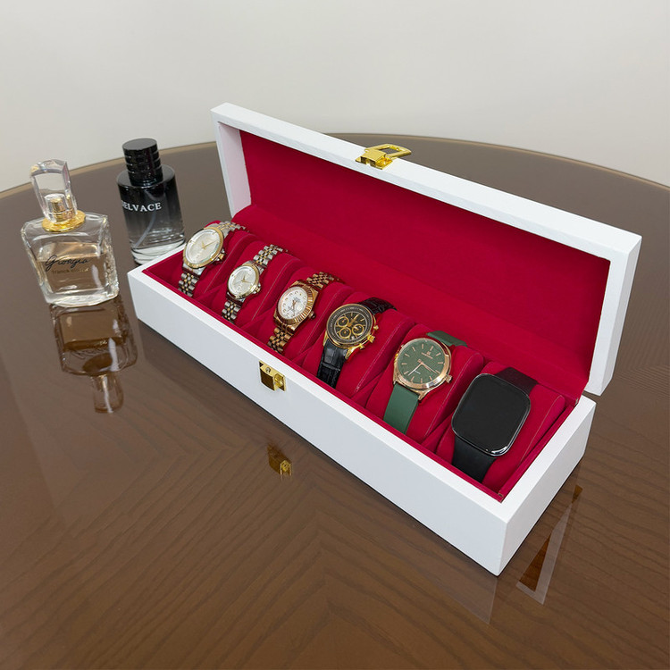 جعبه ساعت چوبی مدل W103 با ۶ محفظه داخلی از جنس جیر